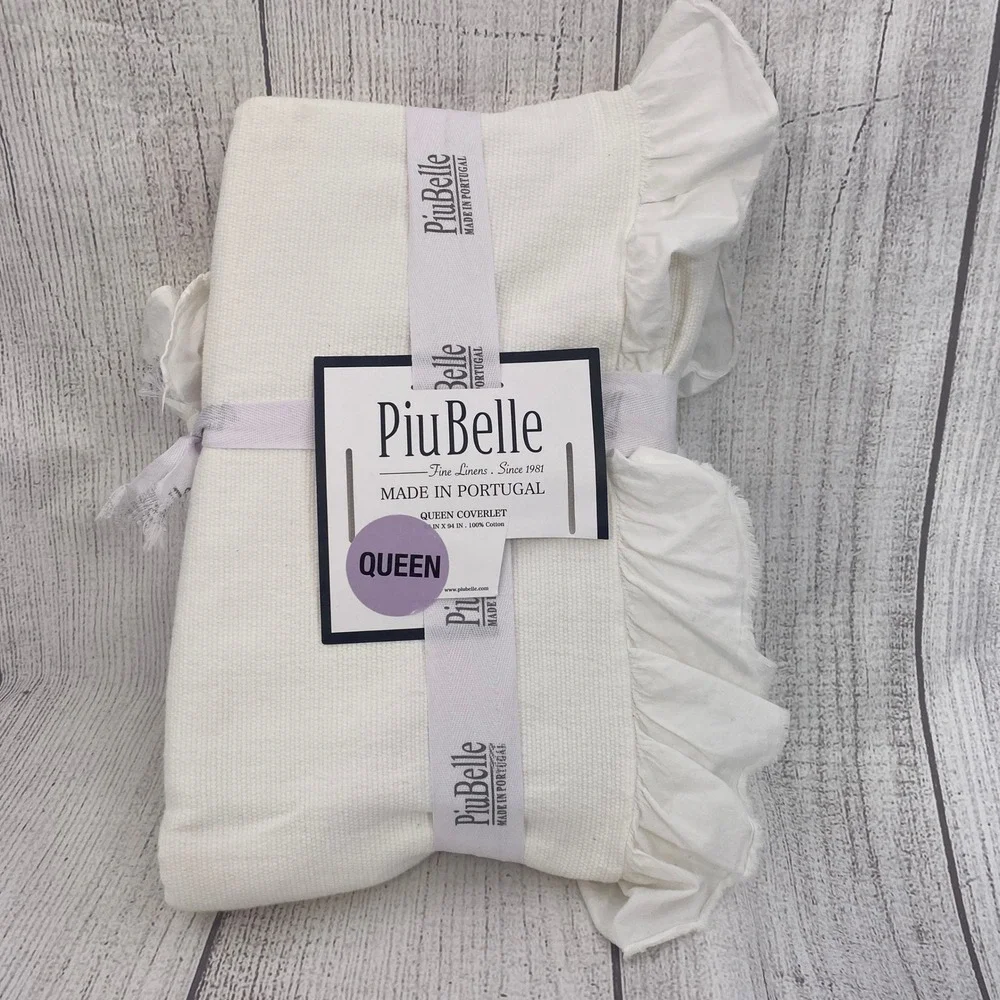 PiuBelle Queen Coverlet White 100% Cotton Ruffle Edge Bedding Portugal Cottage